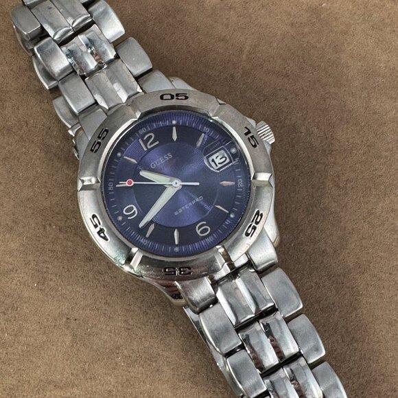 Vintage Guess Watch Mans Guilloche Enameled Blue Dial Luminous Hands and Accents - Picture 3 of 5